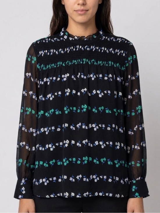 Ann Taylor Tops - Ann Taylor Black Floral Smocked-Neck Long Sleeve Blouse